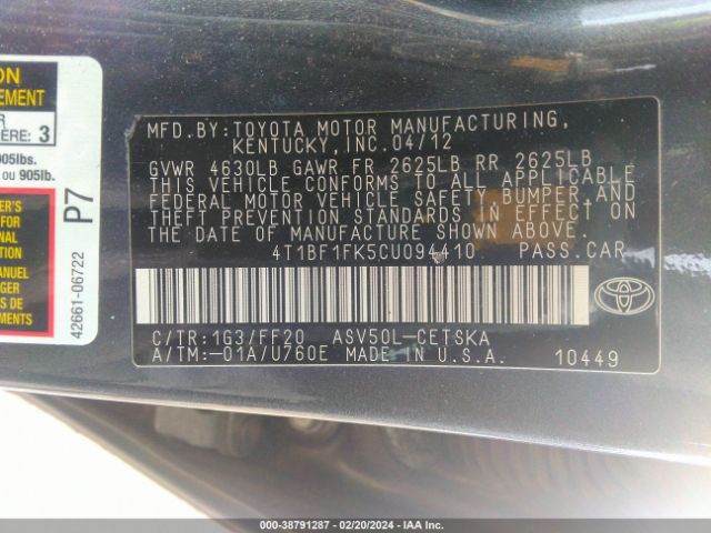 Photo 8 VIN: 4T1BF1FK5CU094410 - TOYOTA CAMRY 