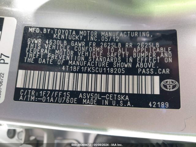 Photo 8 VIN: 4T1BF1FK5CU118205 - TOYOTA CAMRY 