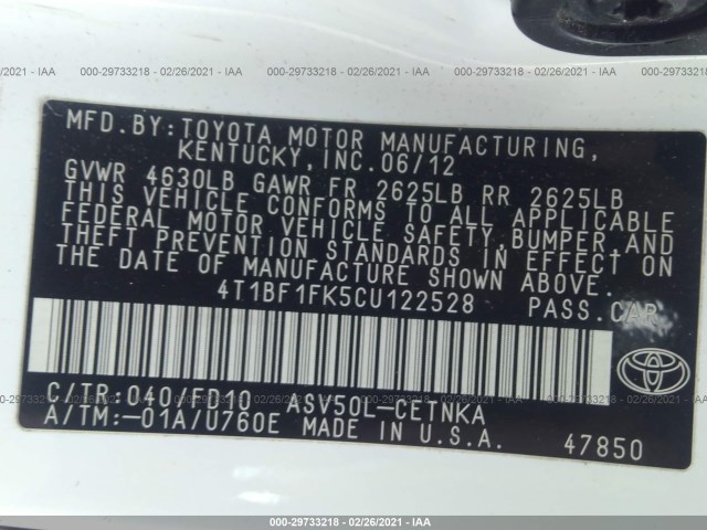 Photo 8 VIN: 4T1BF1FK5CU122528 - TOYOTA CAMRY 