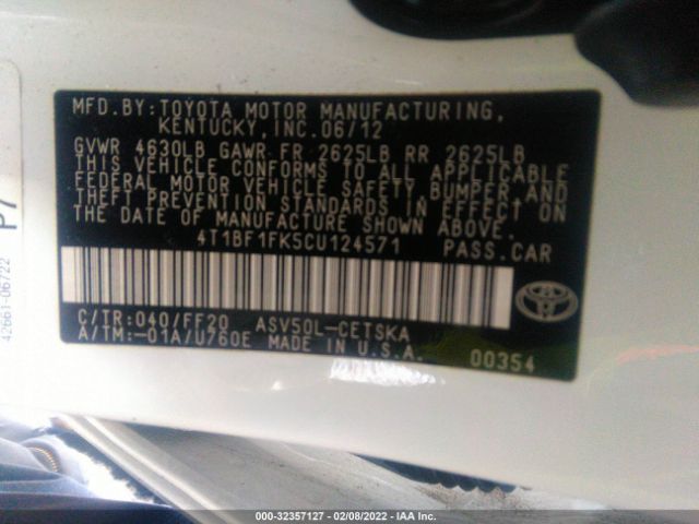 Photo 8 VIN: 4T1BF1FK5CU124571 - TOYOTA CAMRY 