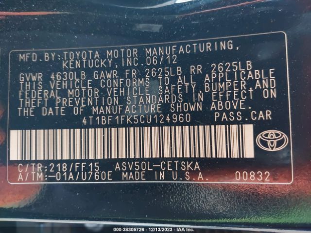 Photo 8 VIN: 4T1BF1FK5CU124960 - TOYOTA CAMRY 