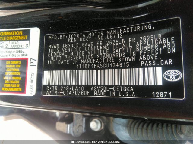 Photo 8 VIN: 4T1BF1FK5CU134615 - TOYOTA CAMRY 