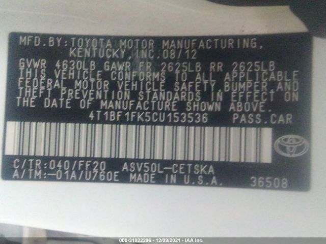 Photo 8 VIN: 4T1BF1FK5CU153536 - TOYOTA CAMRY 