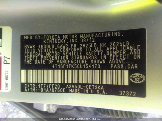 Photo 8 VIN: 4T1BF1FK5CU154170 - TOYOTA CAMRY 