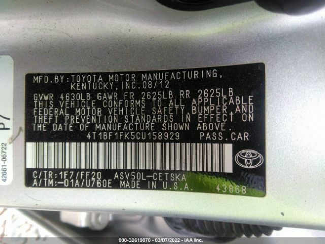 Photo 8 VIN: 4T1BF1FK5CU158929 - TOYOTA CAMRY 