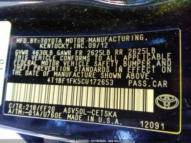 Photo 8 VIN: 4T1BF1FK5CU172653 - TOYOTA CAMRY 