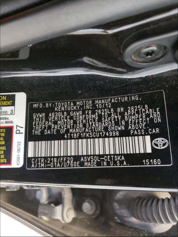 Photo 9 VIN: 4T1BF1FK5CU174998 - TOYOTA CAMRY BASE 