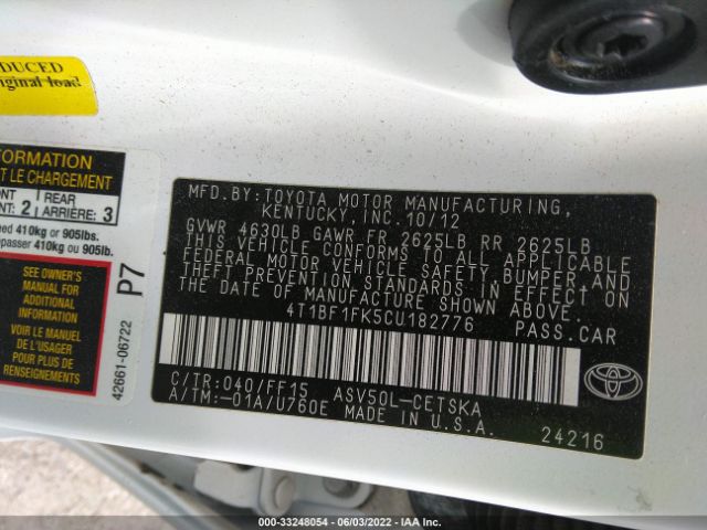 Photo 8 VIN: 4T1BF1FK5CU182776 - TOYOTA CAMRY 