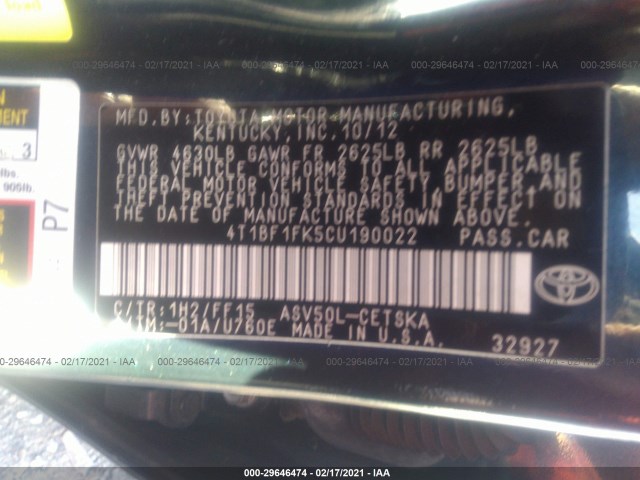 Photo 8 VIN: 4T1BF1FK5CU190022 - TOYOTA CAMRY 