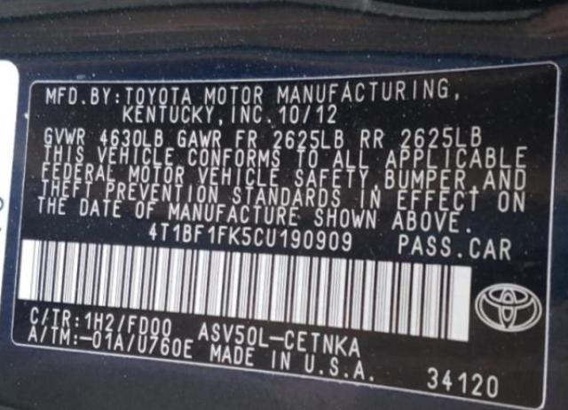 Photo 9 VIN: 4T1BF1FK5CU190909 - TOYOTA CAMRY BASE 