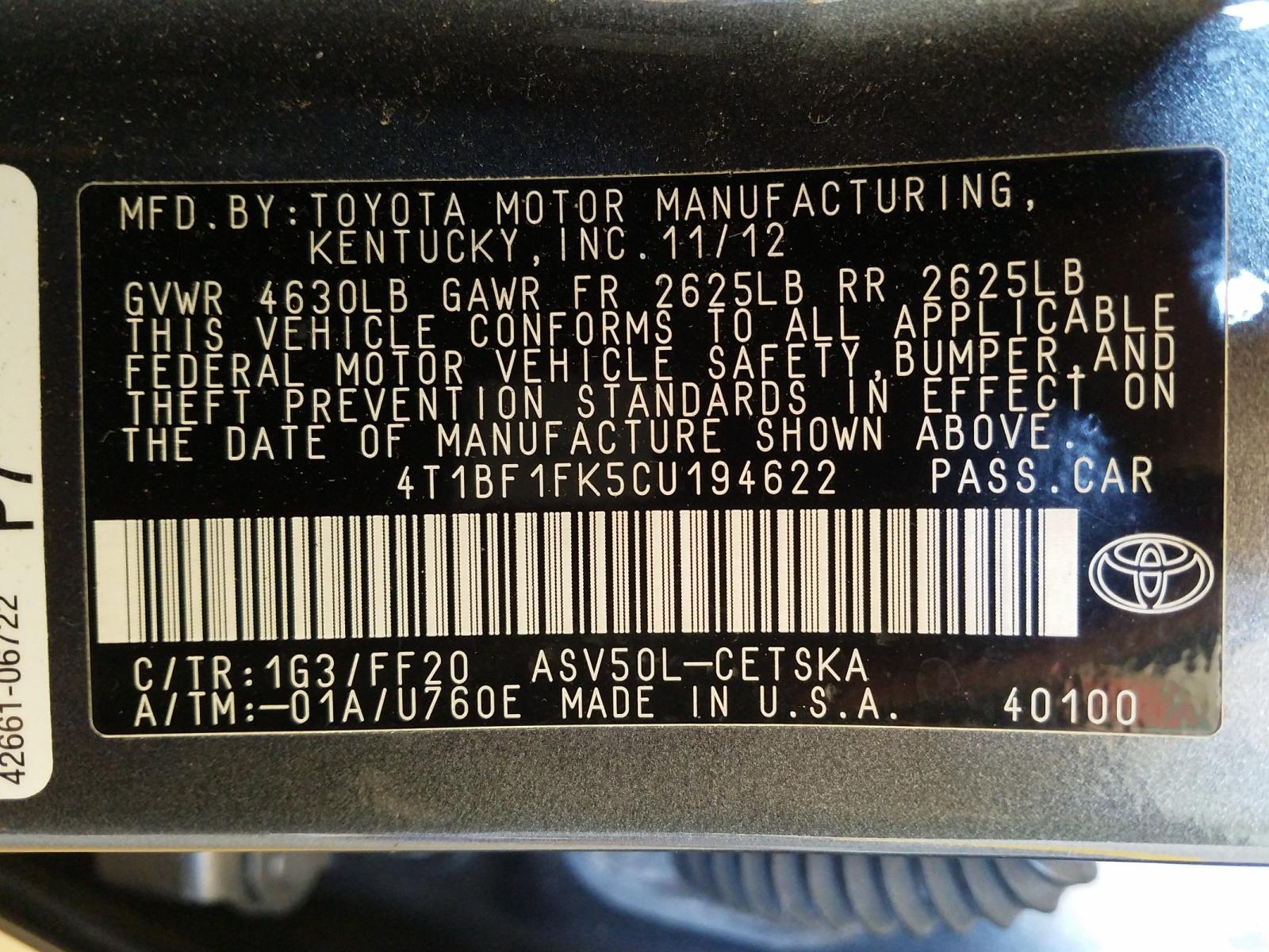 Photo 9 VIN: 4T1BF1FK5CU194622 - TOYOTA CAMRY BASE 