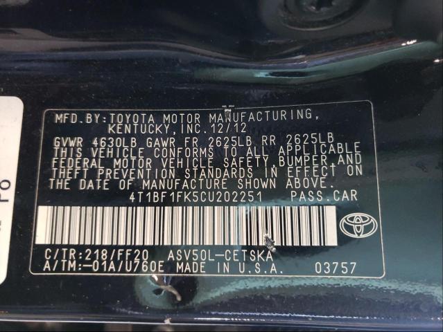 Photo 9 VIN: 4T1BF1FK5CU202251 - TOYOTA CAMRY SE 