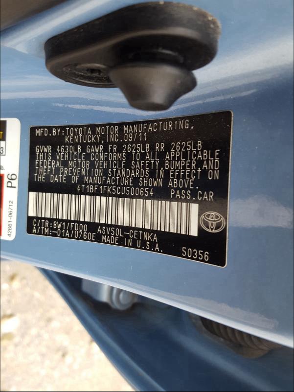 Photo 9 VIN: 4T1BF1FK5CU500654 - TOYOTA CAMRY BASE 