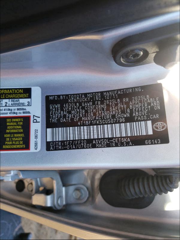 Photo 9 VIN: 4T1BF1FK5CU507796 - TOYOTA CAMRY HYBR 