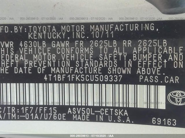 Photo 8 VIN: 4T1BF1FK5CU509337 - TOYOTA CAMRY 