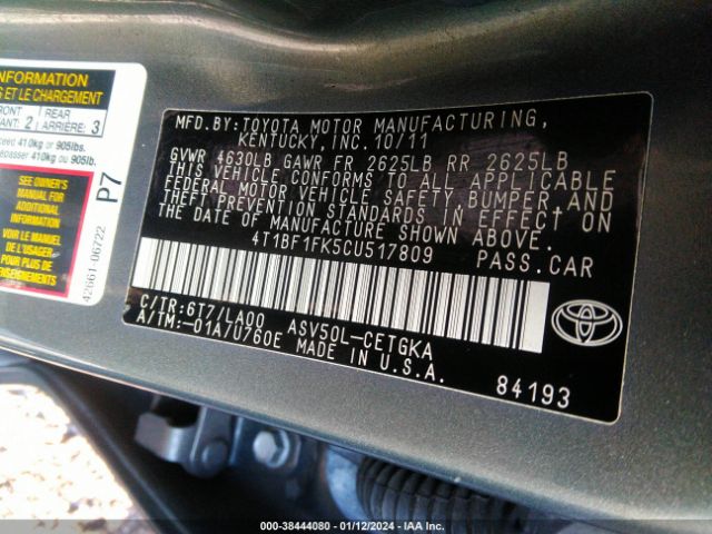 Photo 8 VIN: 4T1BF1FK5CU517809 - TOYOTA CAMRY 