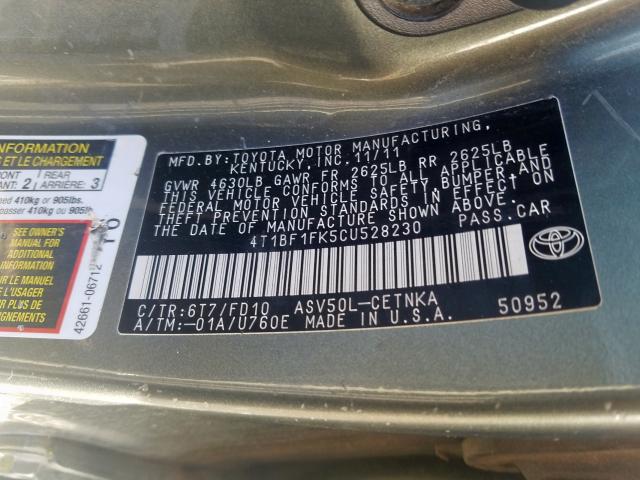 Photo 9 VIN: 4T1BF1FK5CU528230 - TOYOTA CAMRY BASE 