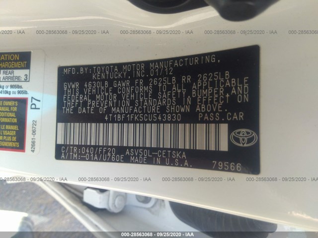 Photo 8 VIN: 4T1BF1FK5CU543830 - TOYOTA CAMRY 