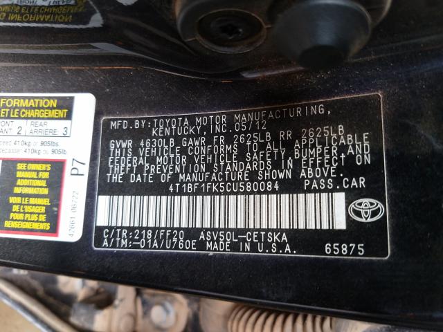 Photo 9 VIN: 4T1BF1FK5CU580084 - TOYOTA CAMRY BASE 