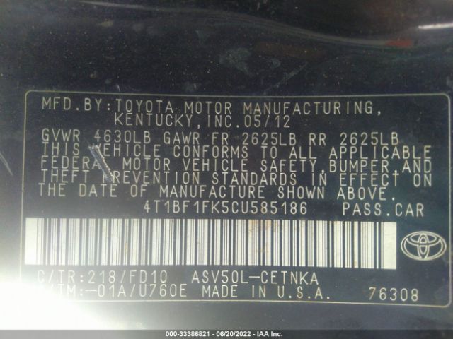 Photo 8 VIN: 4T1BF1FK5CU585186 - TOYOTA CAMRY 