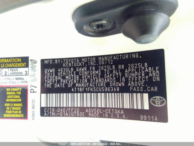 Photo 8 VIN: 4T1BF1FK5CU596348 - TOYOTA CAMRY 