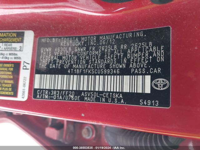 Photo 8 VIN: 4T1BF1FK5CU599346 - TOYOTA CAMRY 