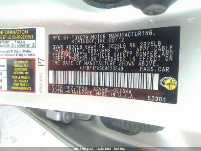 Photo 8 VIN: 4T1BF1FK5CU620549 - TOYOTA CAMRY 