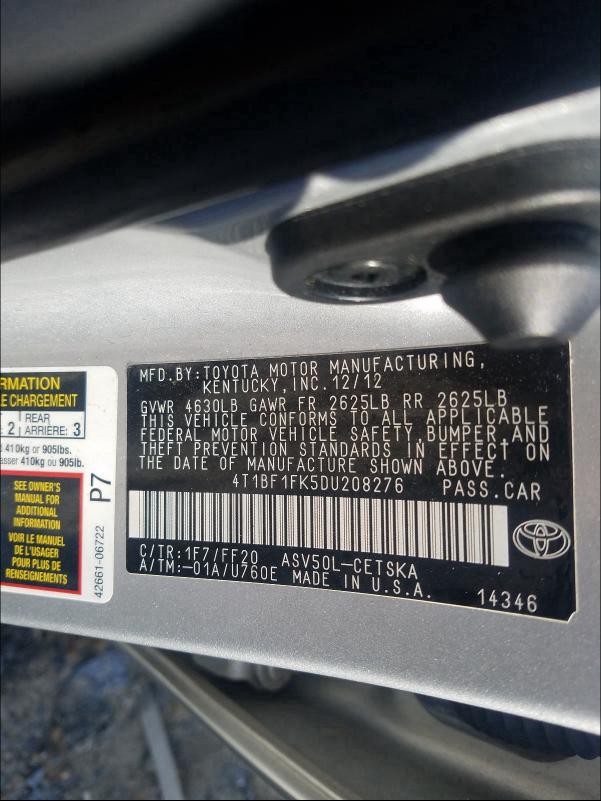 Photo 9 VIN: 4T1BF1FK5DU208276 - TOYOTA CAMRY L 