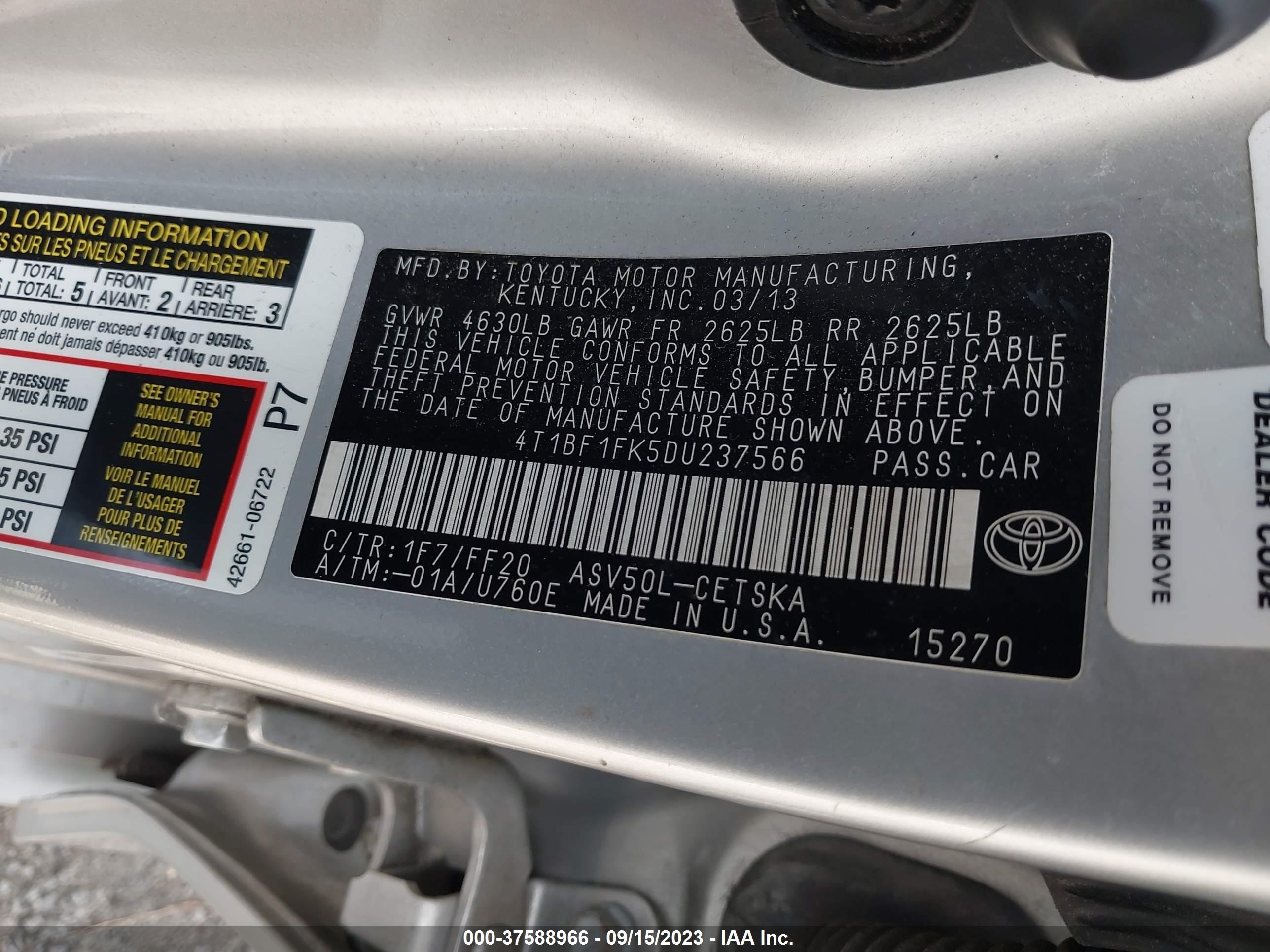 Photo 8 VIN: 4T1BF1FK5DU237566 - TOYOTA CAMRY 