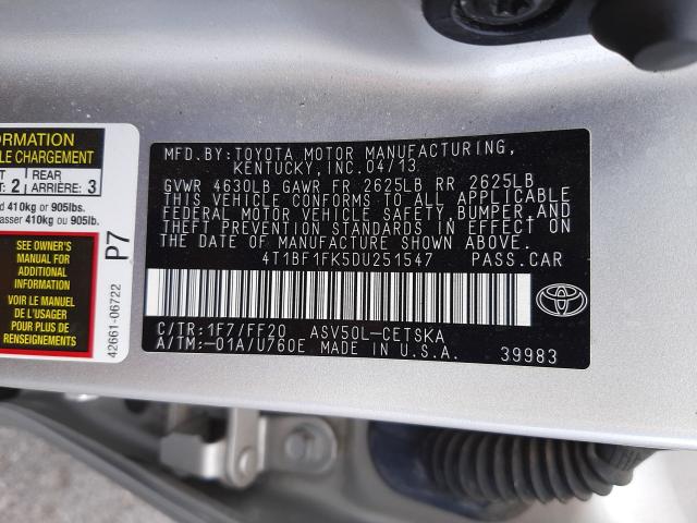 Photo 9 VIN: 4T1BF1FK5DU251547 - TOYOTA CAMRY L 