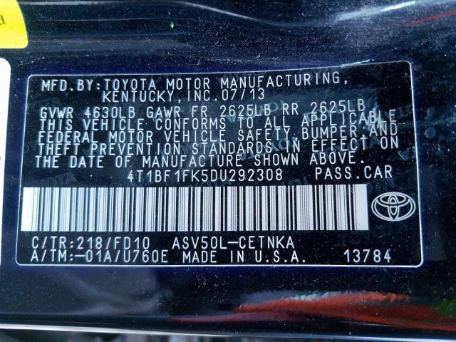 Photo 9 VIN: 4T1BF1FK5DU292308 - TOYOTA CAMRY L 