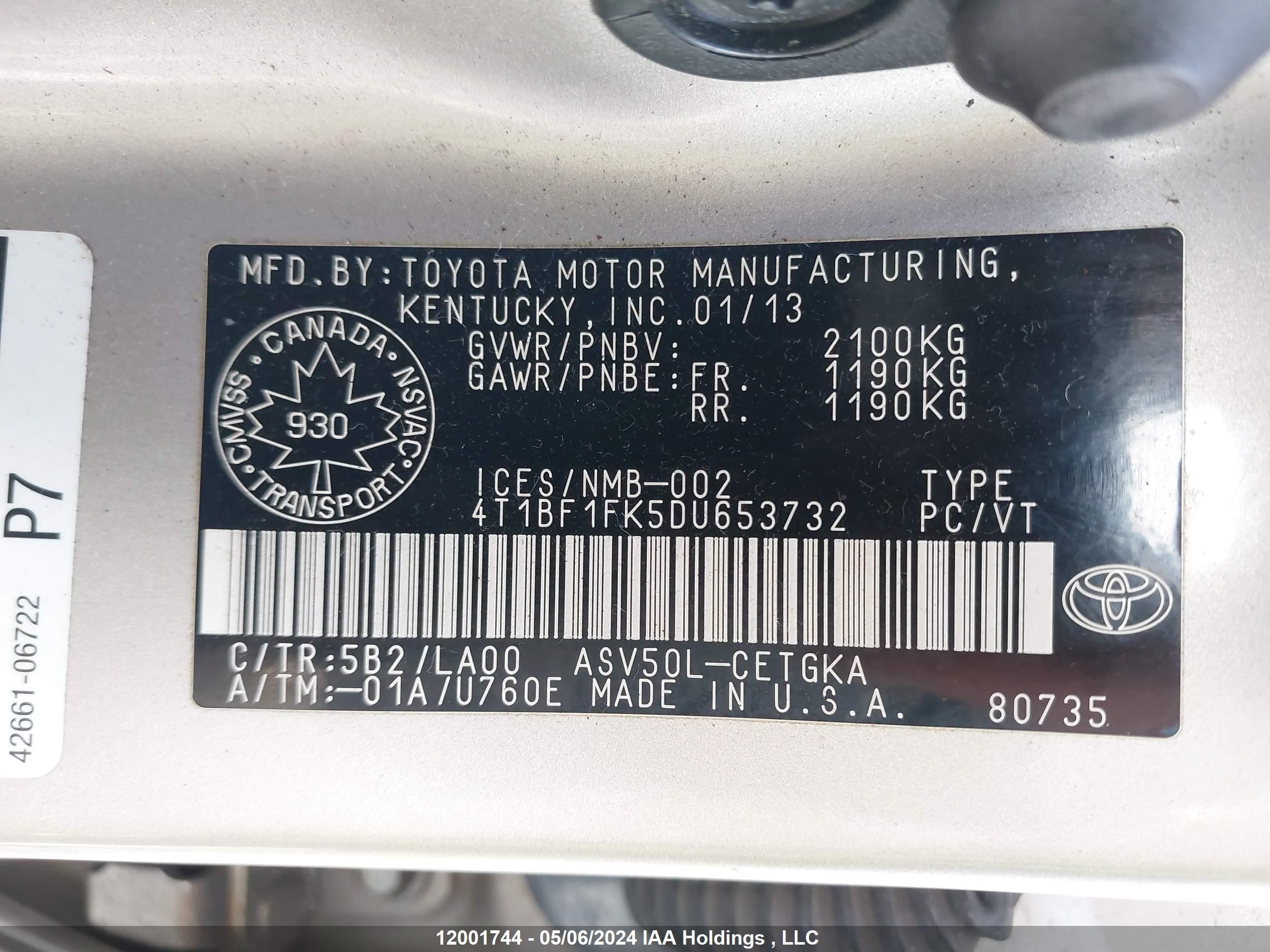 Photo 8 VIN: 4T1BF1FK5DU653732 - TOYOTA CAMRY 