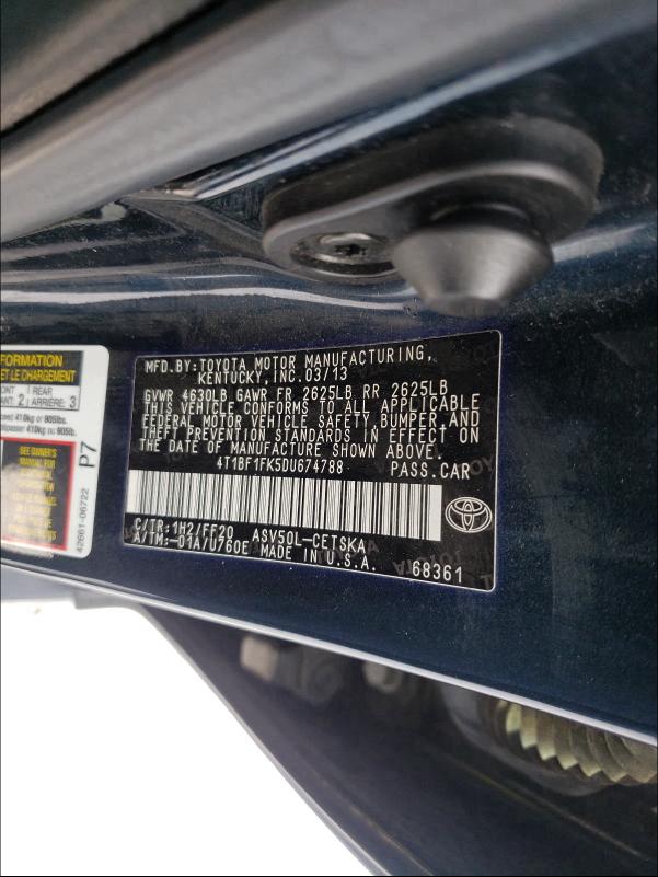 Photo 9 VIN: 4T1BF1FK5DU674788 - TOYOTA CAMRY L 