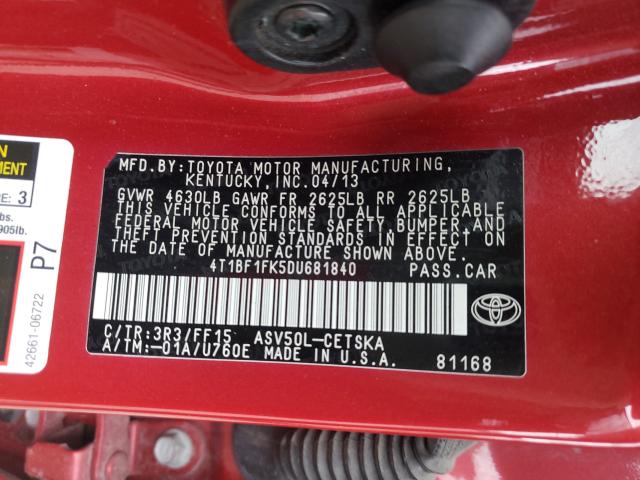 Photo 9 VIN: 4T1BF1FK5DU681840 - TOYOTA CAMRY L 