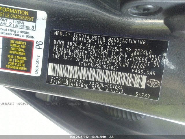 Photo 8 VIN: 4T1BF1FK5DU694023 - TOYOTA CAMRY 