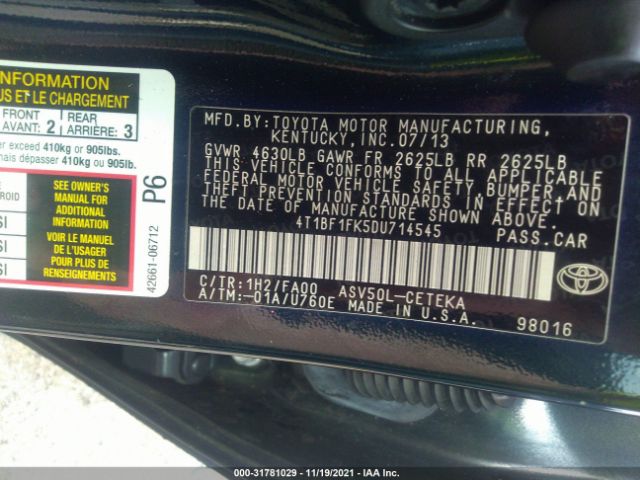 Photo 8 VIN: 4T1BF1FK5DU714545 - TOYOTA CAMRY 