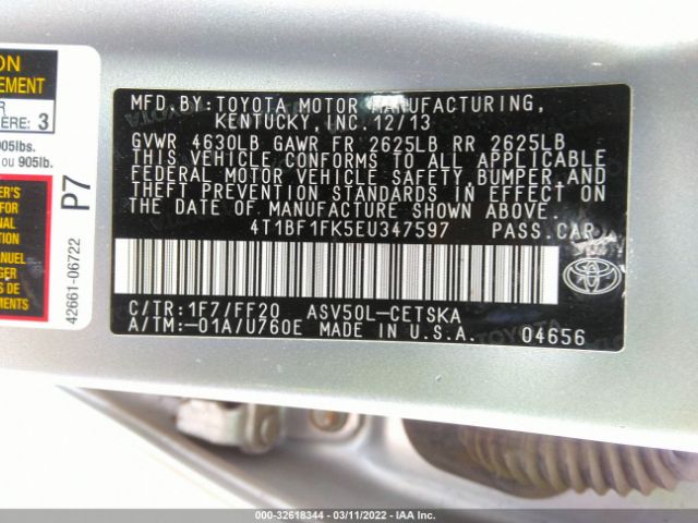 Photo 8 VIN: 4T1BF1FK5EU347597 - TOYOTA CAMRY 