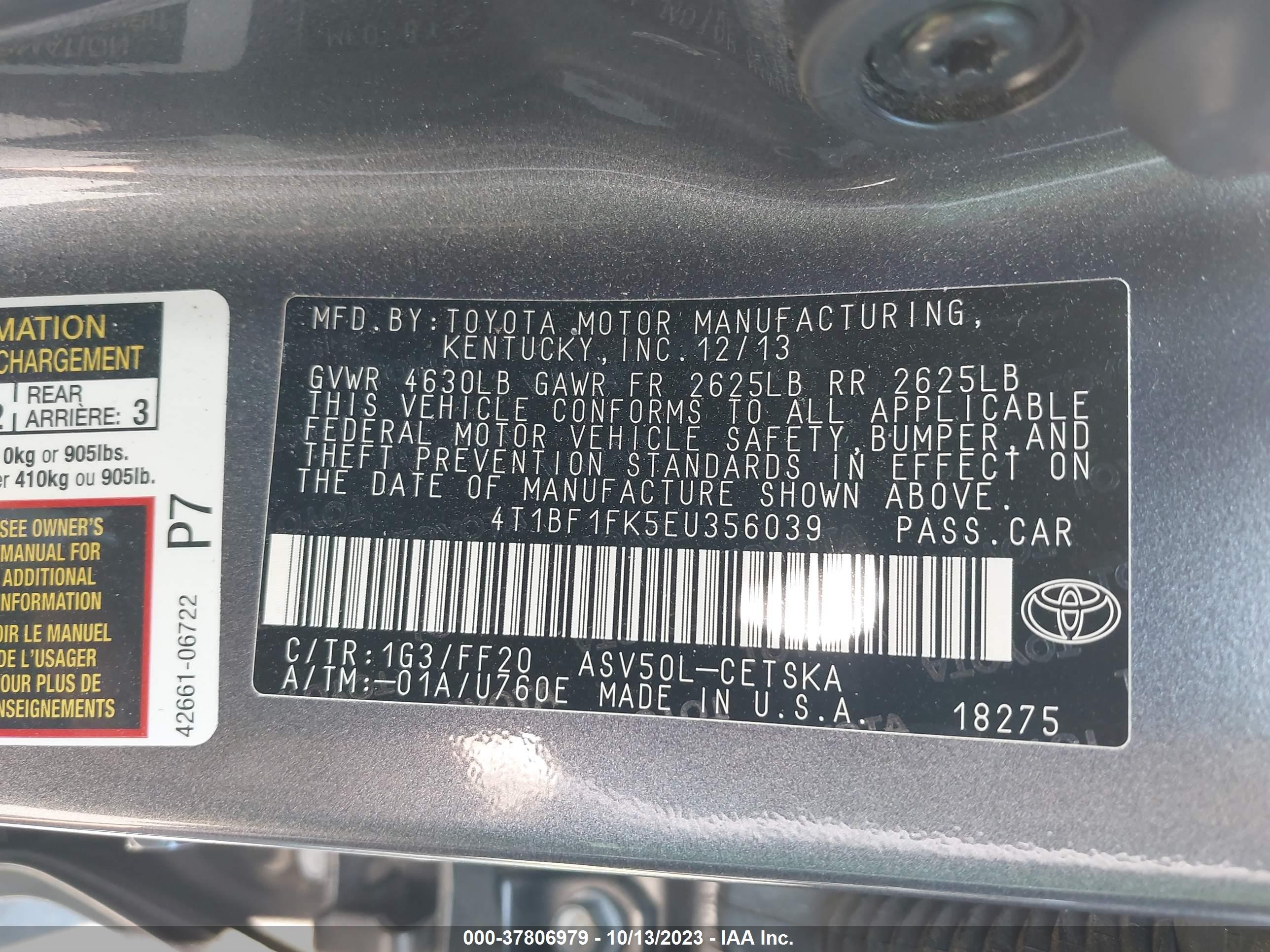 Photo 8 VIN: 4T1BF1FK5EU356039 - TOYOTA CAMRY 