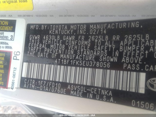 Photo 8 VIN: 4T1BF1FK5EU378056 - TOYOTA CAMRY 