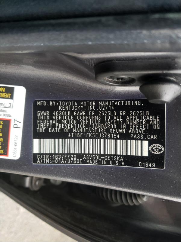 Photo 9 VIN: 4T1BF1FK5EU378154 - TOYOTA CAMRY L 