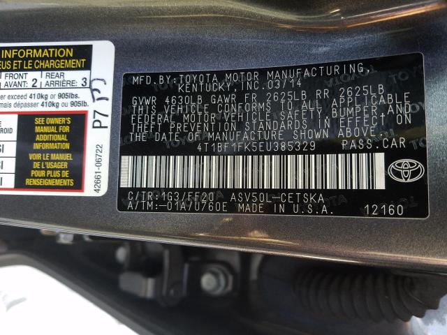 Photo 9 VIN: 4T1BF1FK5EU385329 - TOYOTA CAMRY L 