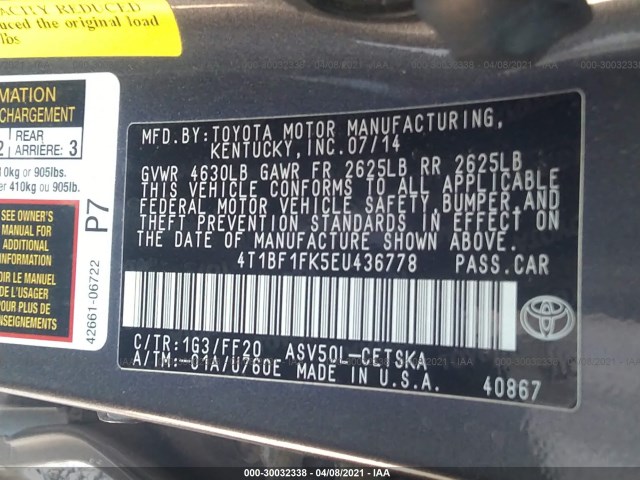 Photo 8 VIN: 4T1BF1FK5EU436778 - TOYOTA CAMRY 