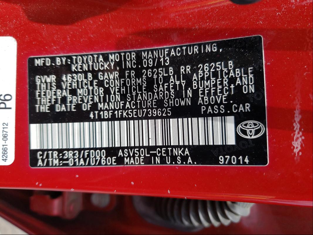 Photo 9 VIN: 4T1BF1FK5EU739625 - TOYOTA CAMRY L 