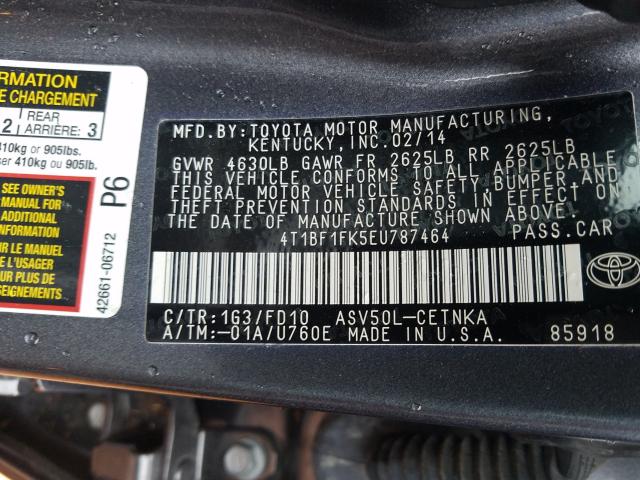 Photo 9 VIN: 4T1BF1FK5EU787464 - TOYOTA CAMRY L 