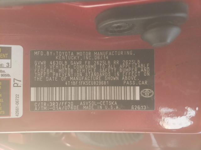 Photo 9 VIN: 4T1BF1FK5EU829681 - TOYOTA CAMRY L 