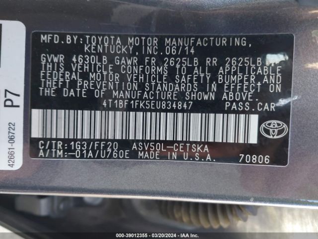 Photo 8 VIN: 4T1BF1FK5EU834847 - TOYOTA CAMRY 