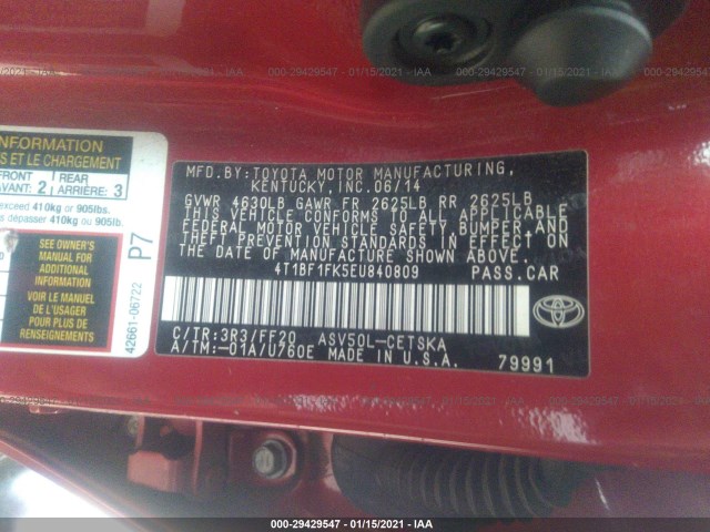 Photo 8 VIN: 4T1BF1FK5EU840809 - TOYOTA CAMRY 