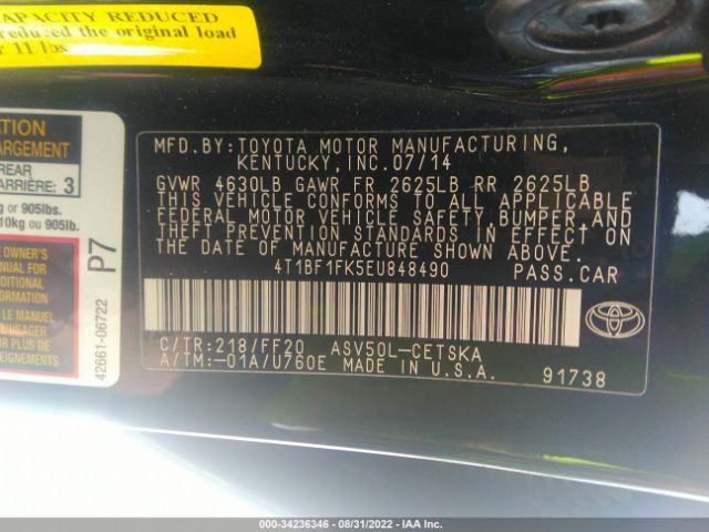 Photo 8 VIN: 4T1BF1FK5EU848490 - TOYOTA CAMRY 