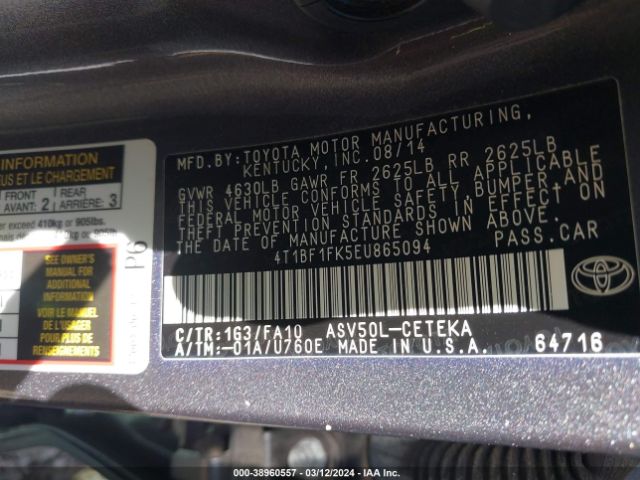 Photo 8 VIN: 4T1BF1FK5EU865094 - TOYOTA CAMRY 