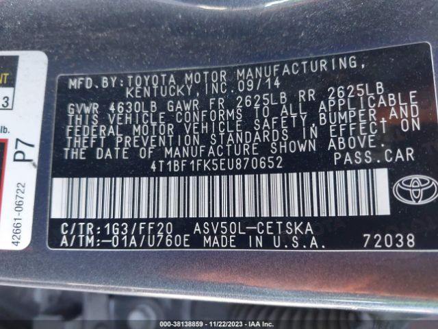 Photo 8 VIN: 4T1BF1FK5EU870652 - TOYOTA CAMRY 